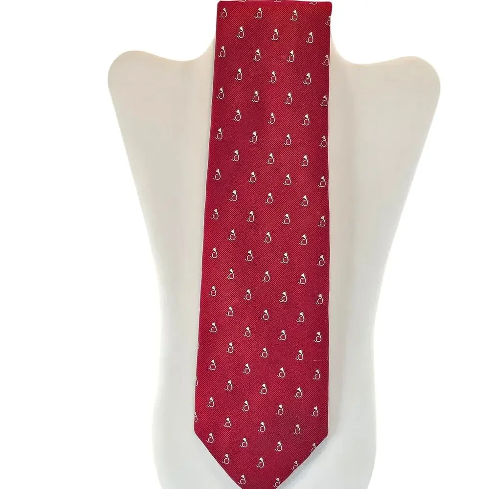 Mens Red Silk Necktie White French Horn Micro Pattern Classic Tie 58” 3.75”